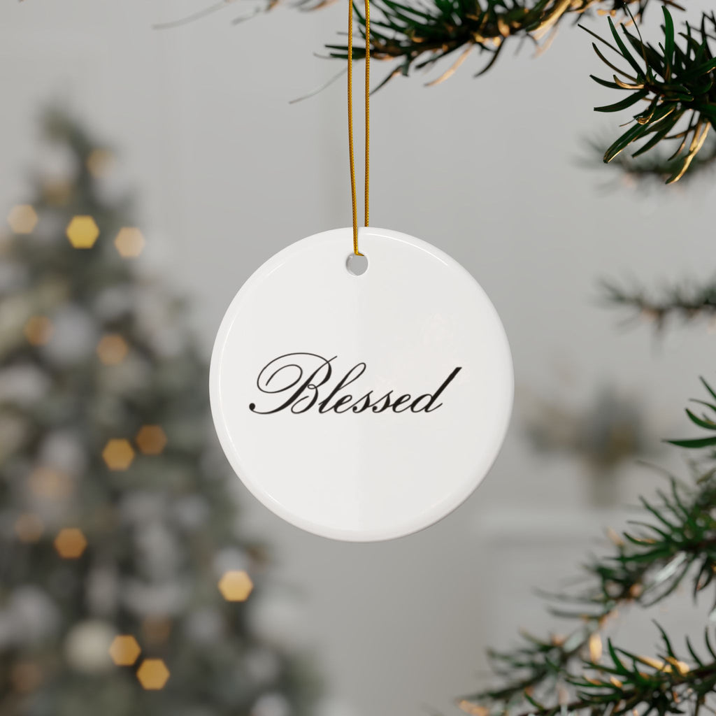 "Blessed" Ceramic Ornament — Double-Sided Script Holiday Decor