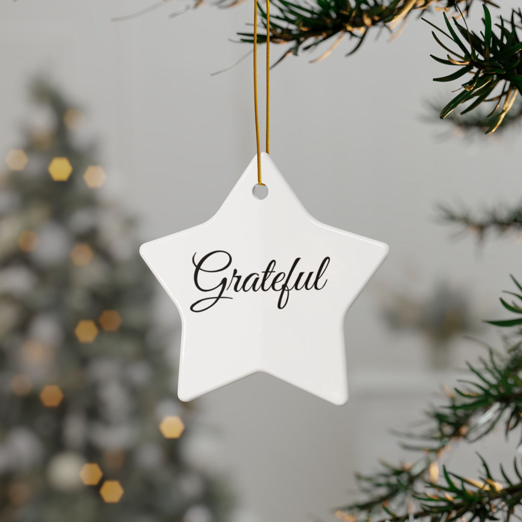 "Grateful" Ceramic Ornament — Double-Sided Script Holiday Decor