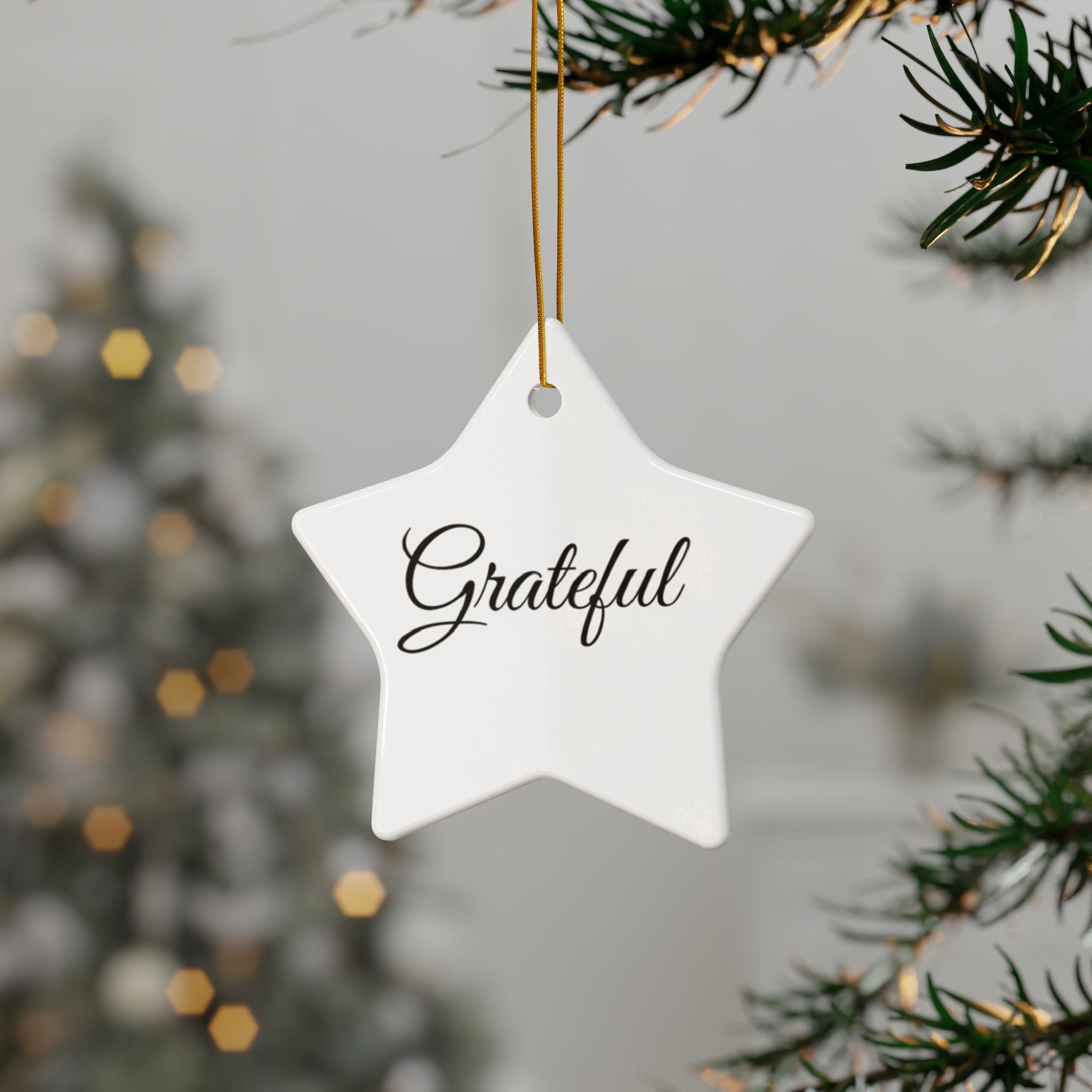"Grateful" Ceramic Ornament — Double-Sided Script Holiday Decor