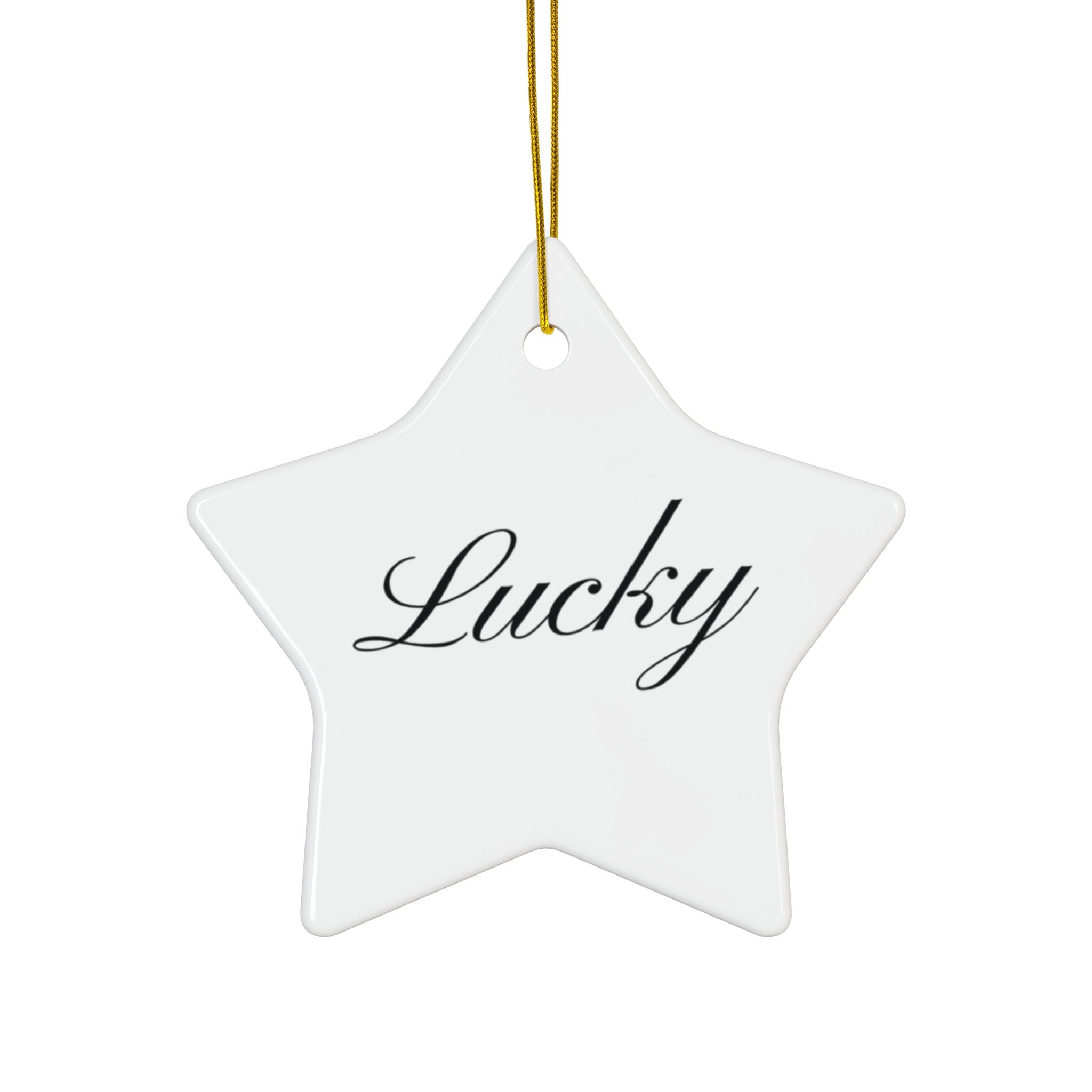 "Lucky" Ceramic Ornament — Double-Sided Script Holiday Decor