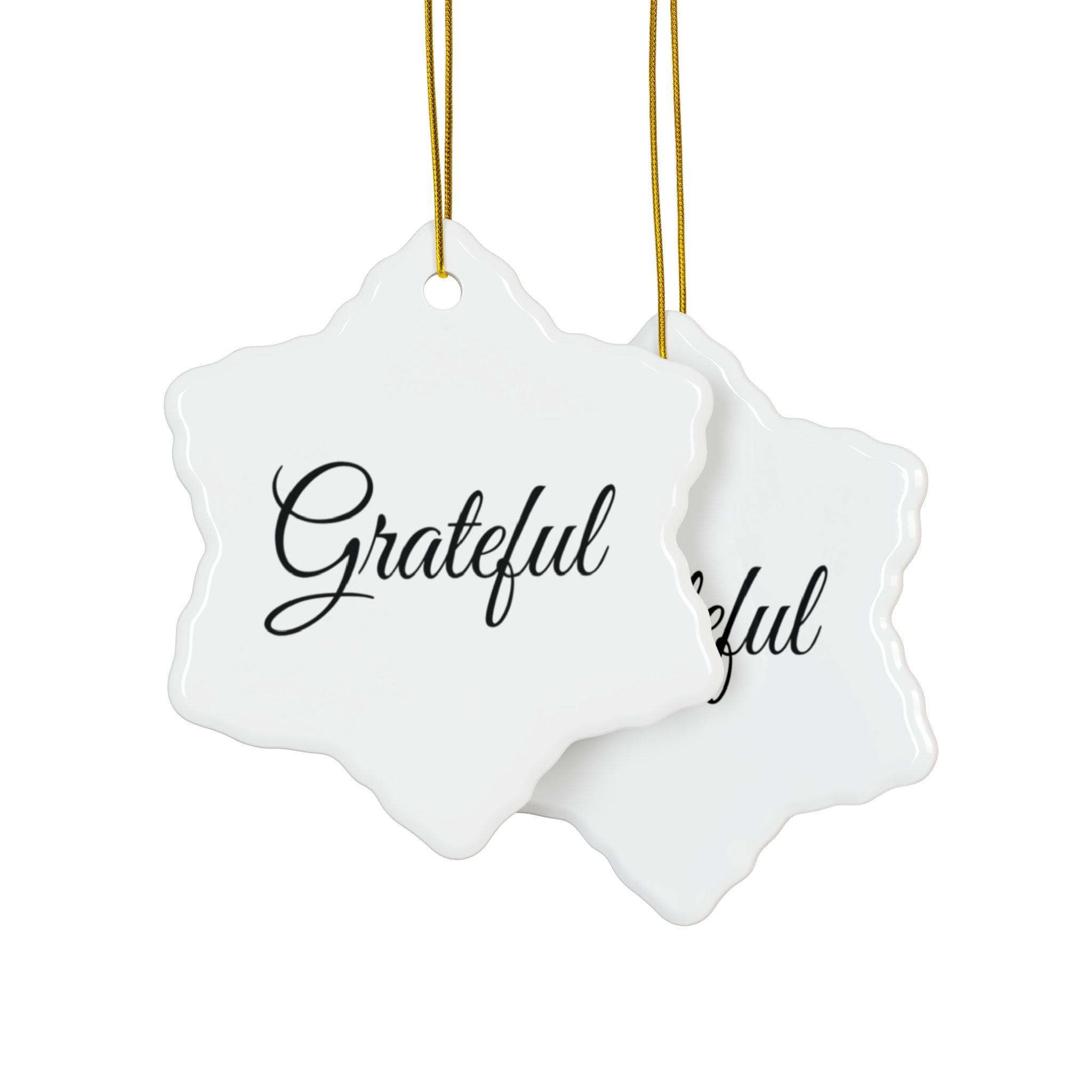 "Grateful" Ceramic Ornament — Double-Sided Script Holiday Decor