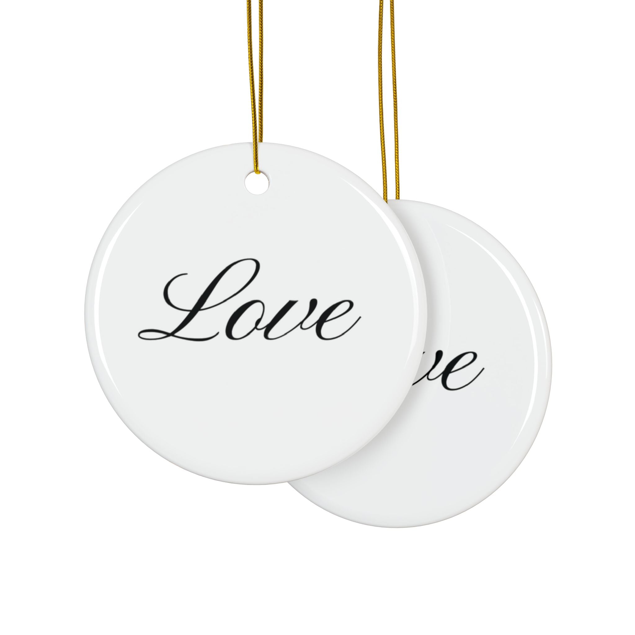 "Love" Ceramic Ornament — Double-Sided Script Holiday Decor