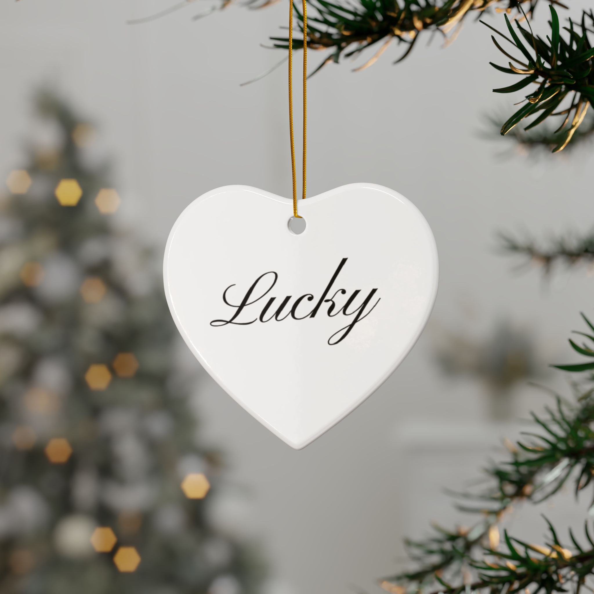 "Lucky" Ceramic Ornament — Double-Sided Script Holiday Decor