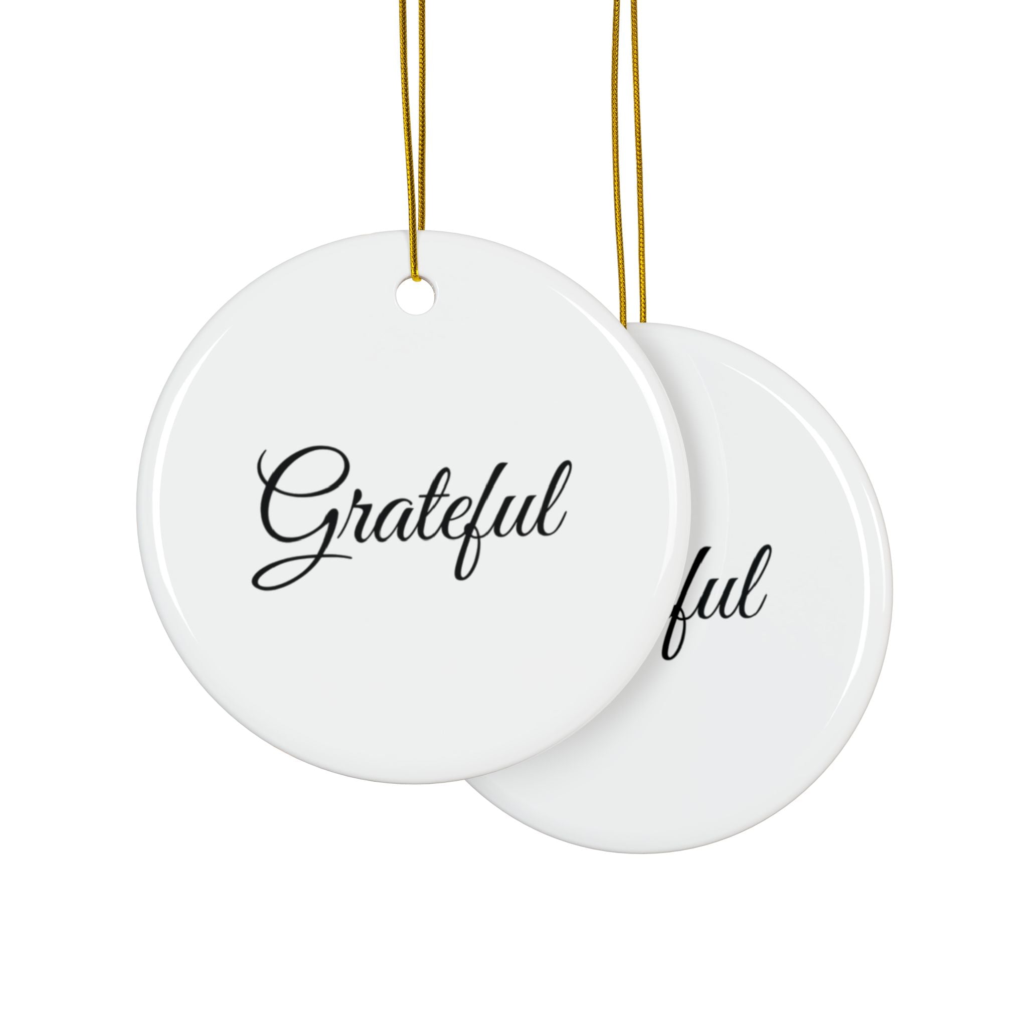 "Grateful" Ceramic Ornament — Double-Sided Script Holiday Decor