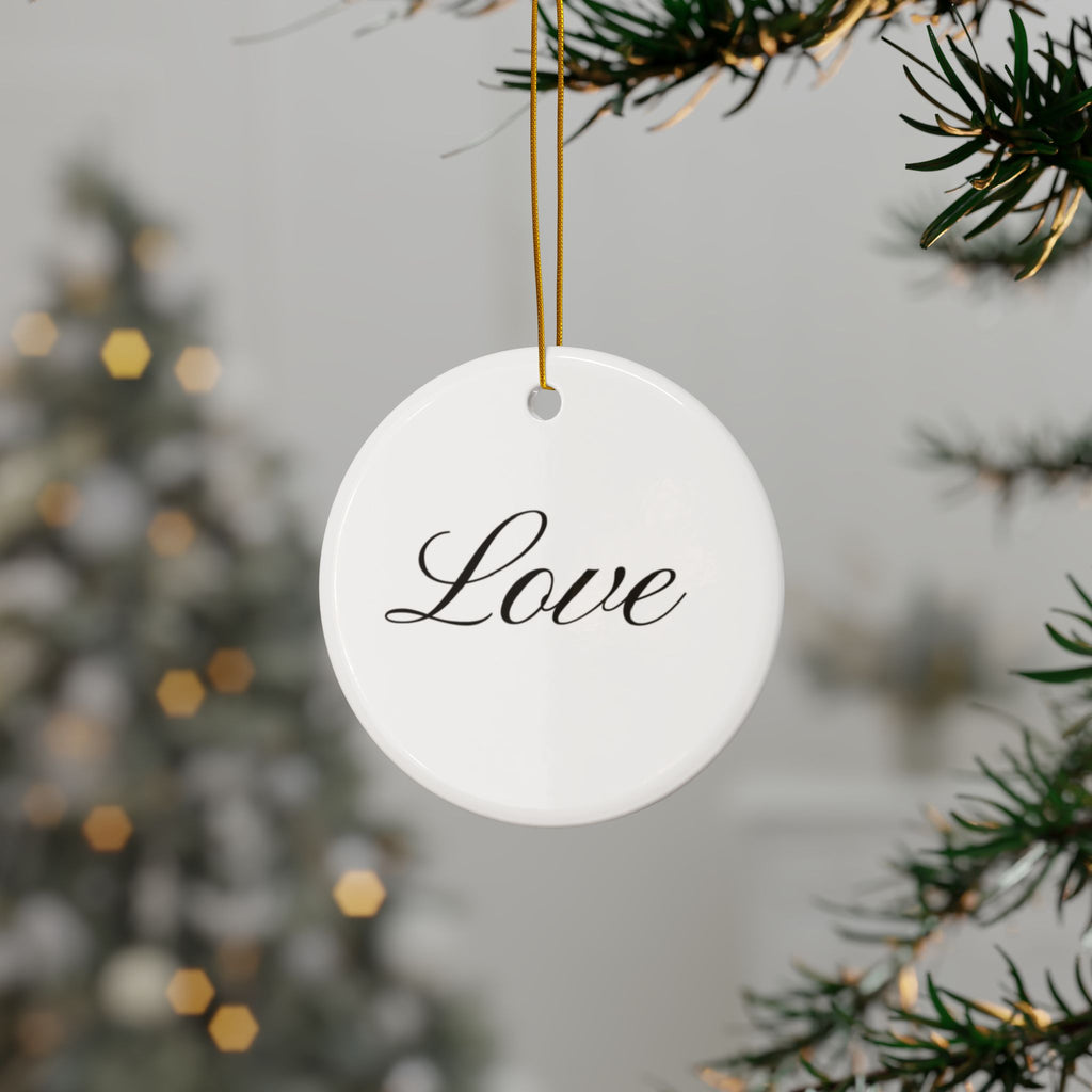 "Love" Ceramic Ornament — Double-Sided Script Holiday Decor