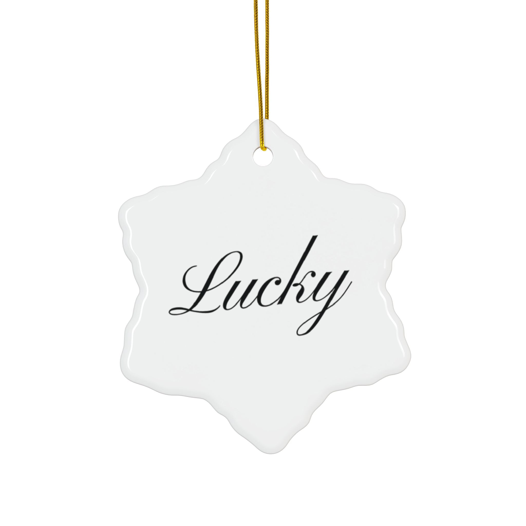 "Lucky" Ceramic Ornament — Double-Sided Script Holiday Decor
